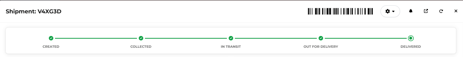 Shipment tracking timeline: created, collected, in transit, out for delivery, delivered